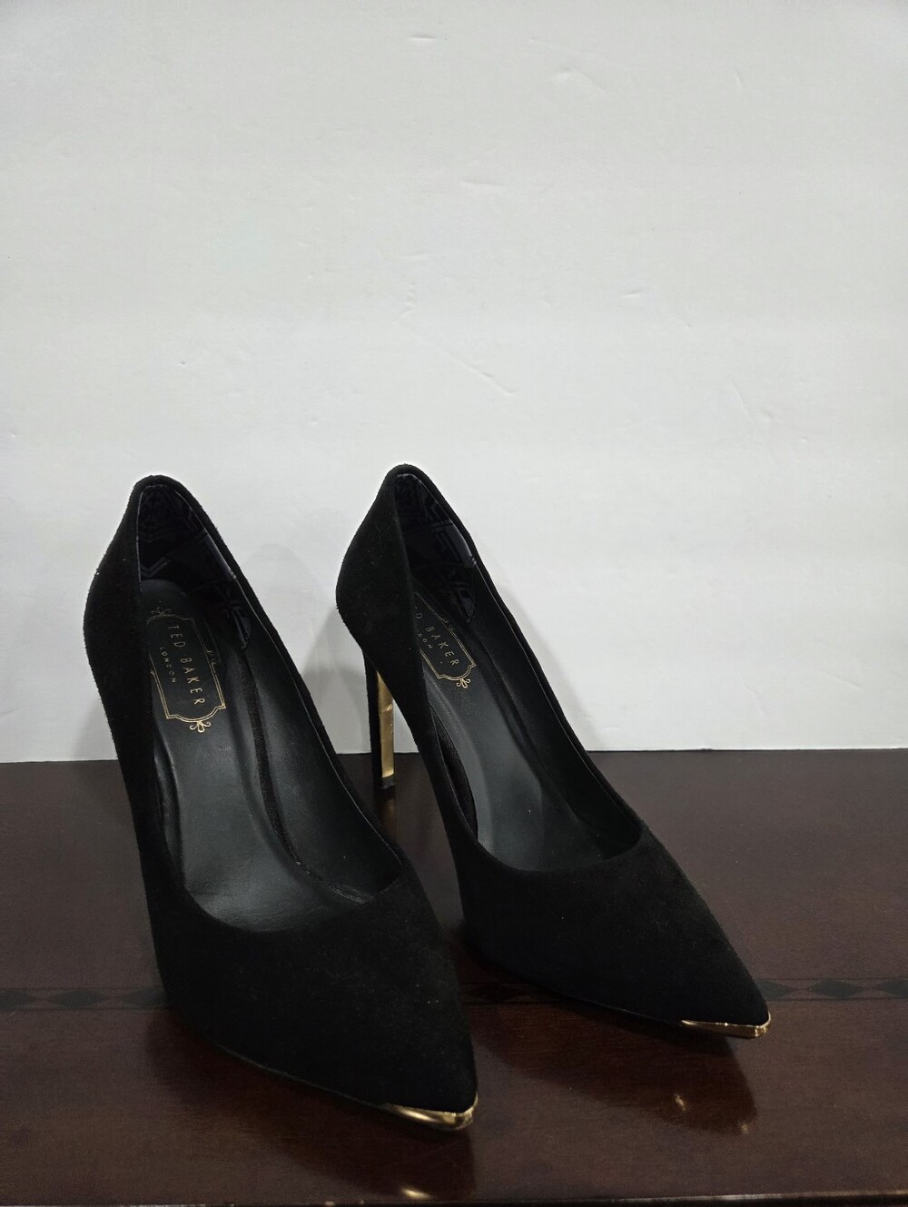 Ted Baker Black Suede Pointed Toe Heels with Gold Accents Sz.36